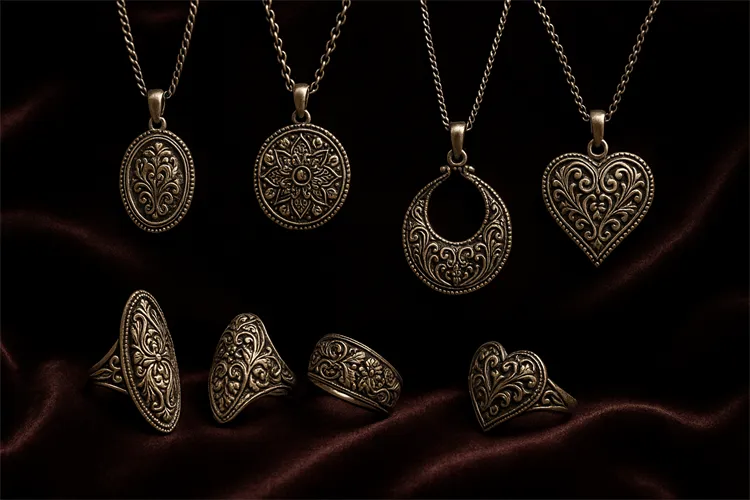 High-quality oxidized silver jewelry with intricate texture. High-quality oxidized silver jewelry with intricate texture.