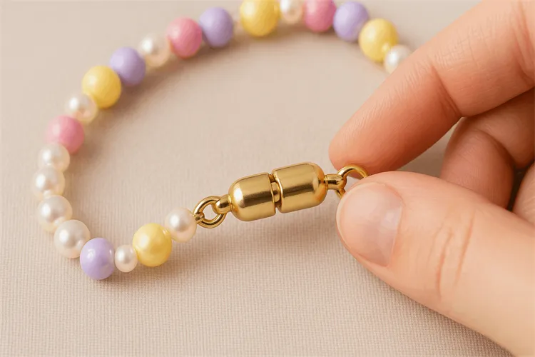 Push clasp on children’s necklace. Push clasp on children’s necklace.