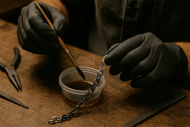 Jewelry artisan applying oxidation to silver. Jewelry artisan applying oxidation to silver.