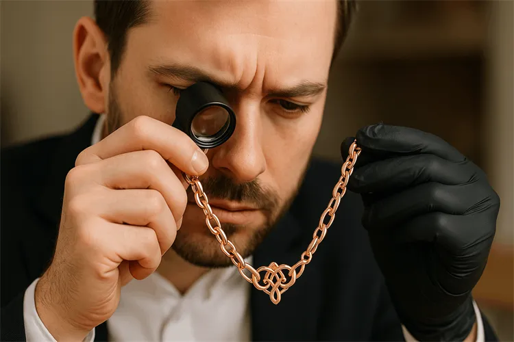 Jewelry appraiser valuing 18k rose gold piece Jewelry appraiser valuing 18k rose gold piece