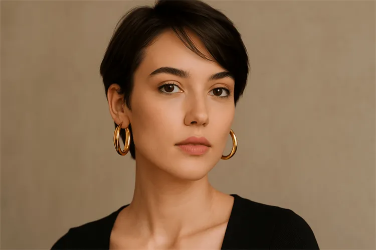 Woman with short hair wearing modern hoop earrings Woman with short hair wearing modern hoop earrings