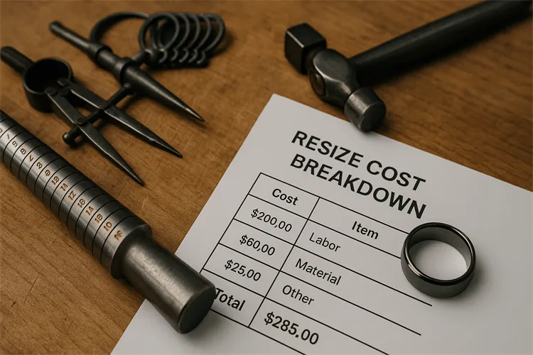 Jeweler's tools with a cost breakdown sheet for resizing tungsten rings. Jeweler's tools with a cost breakdown sheet for resizing tungsten rings.