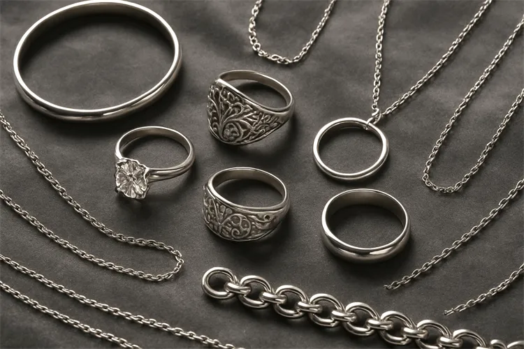 Various silver jewelry pieces displayed elegantly. Various silver jewelry pieces displayed elegantly.