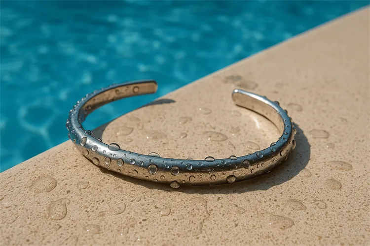 Silver bracelet with water droplets, showing poolside exposure effects. Silver bracelet with water droplets, showing poolside exposure effects.