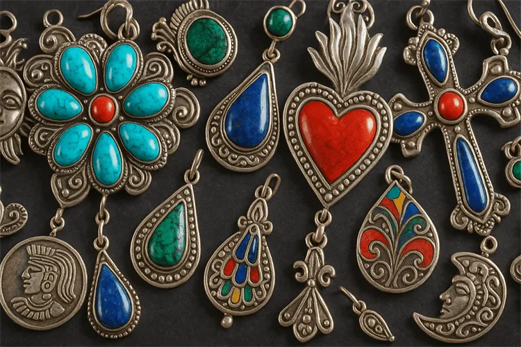 Colorful Mexican silver jewelry with intricate designs Colorful Mexican silver jewelry with intricate designs