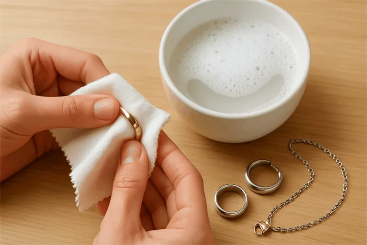 Cleaning stainless steel jewelry with soft cloth and soap Cleaning stainless steel jewelry with soft cloth and soap
