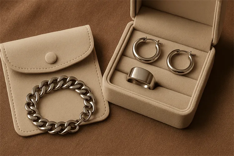 Stainless steel jewelry stored in a dry pouch to prevent damage Stainless steel jewelry stored in a dry pouch to prevent damage