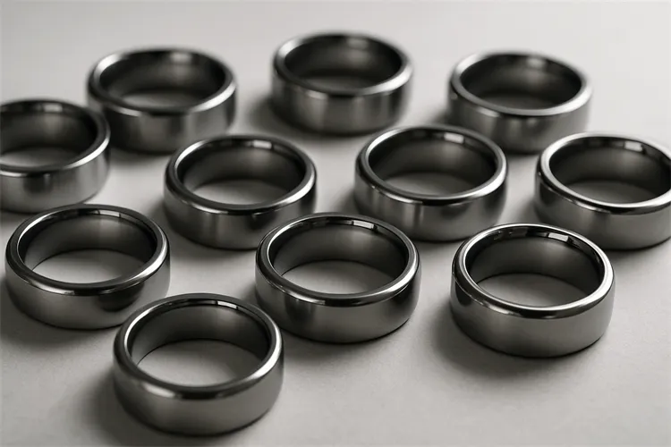 A collection of tungsten rings showing different resizing options A collection of tungsten rings showing different resizing options