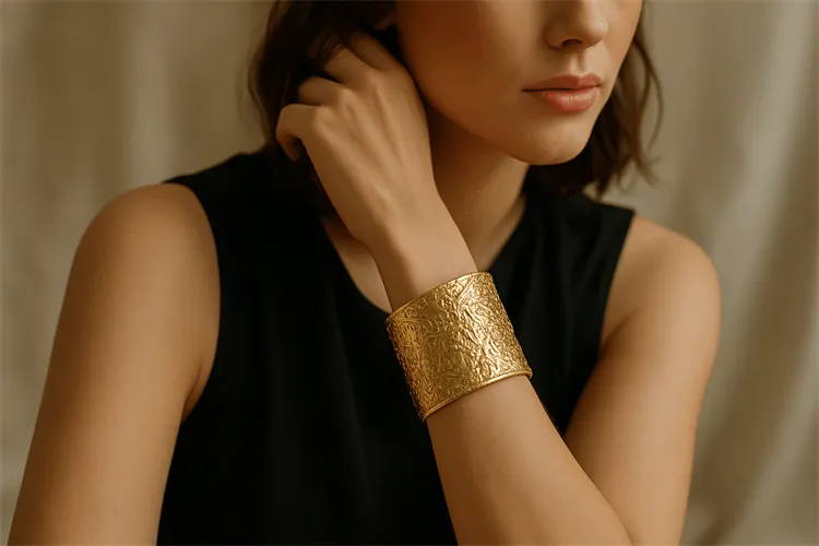 Gold cuff bracelet with detailed texture, making a bold statement Gold cuff bracelet with detailed texture, making a bold statement