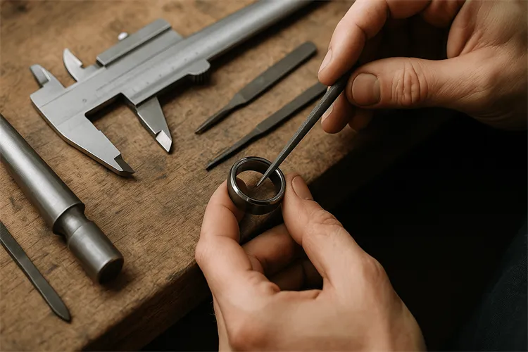Jeweler resizing a tungsten ring using specialized tools Jeweler resizing a tungsten ring using specialized tools