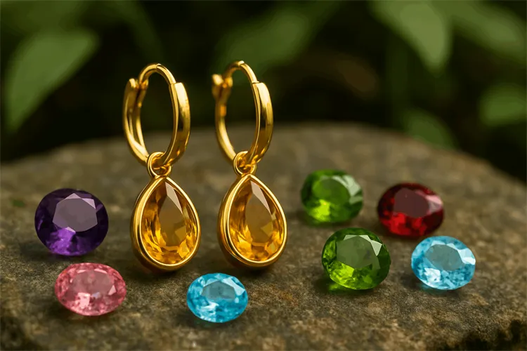 Gold earrings with colorful gemstones Gold earrings with colorful gemstones