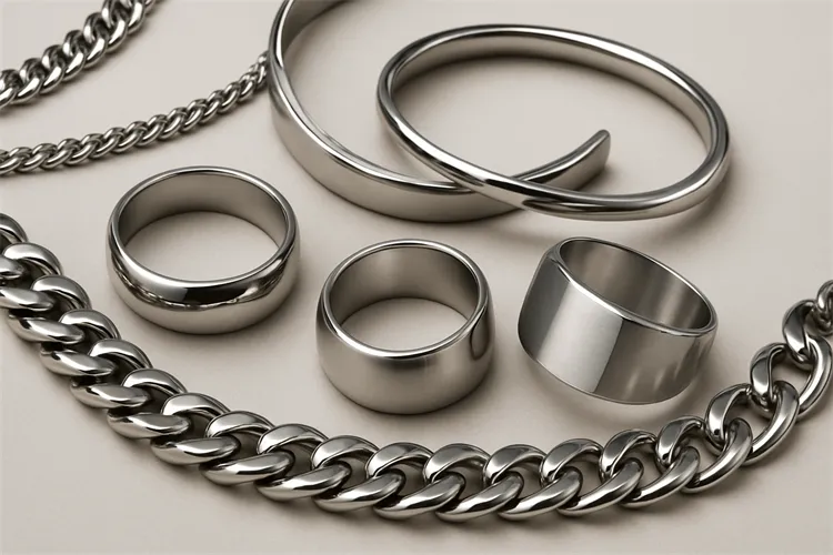 Overview of stainless steel jewelry with a glossy finish Overview of stainless steel jewelry with a glossy finish