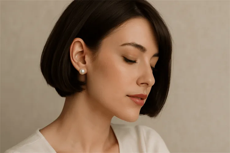 Pearl earrings with a short bob haircut Pearl earrings with a short bob haircut