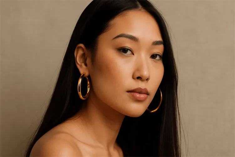 Large gold hoop earrings with long hair Large gold hoop earrings with long hair