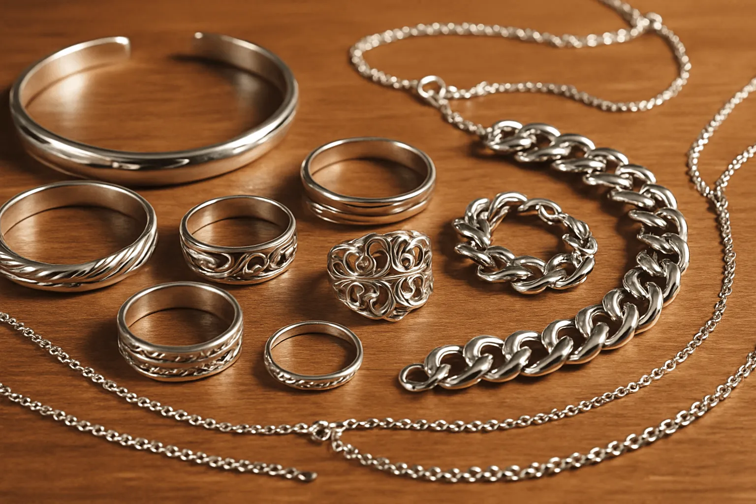 Elegant silver jewelry collection showcasing various types.