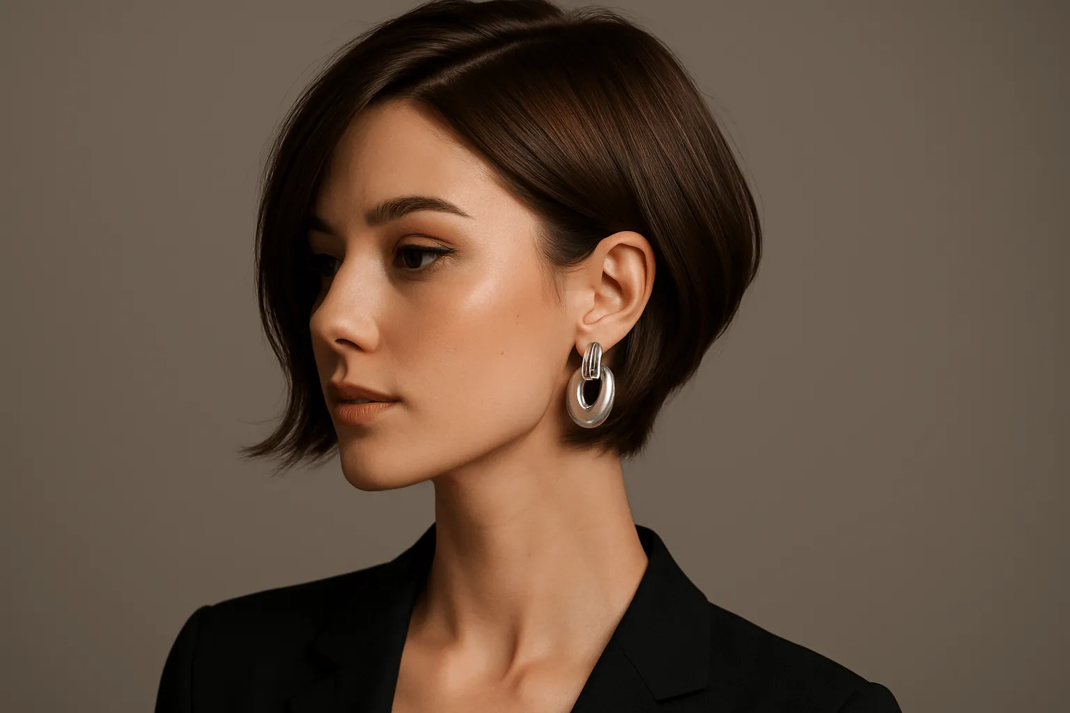 Chic short hair paired with elegant earrings