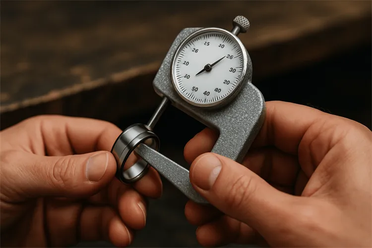 Jeweler using a sizing tool to adjust a tungsten ring. Jeweler using a sizing tool to adjust a tungsten ring.