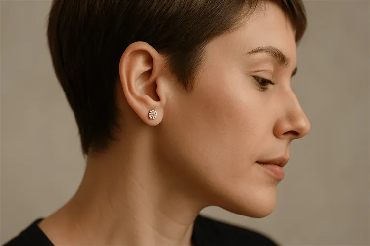 Delicate chain earrings with a pixie cut Delicate chain earrings with a pixie cut