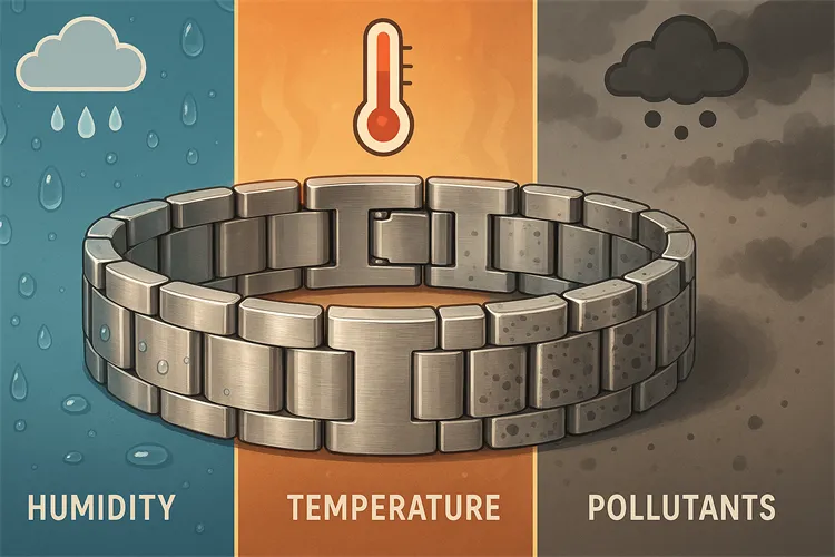 Environmental factors like humidity and temperature can affect stainless steel jewelry. Environmental factors like humidity and temperature can affect stainless steel jewelry.