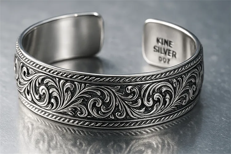 Close-up of a fine silver bracelet with intricate designs. Close-up of a fine silver bracelet with intricate designs.