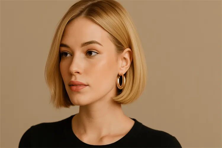 Blonde woman with hoop earrings and a short bob Blonde woman with hoop earrings and a short bob