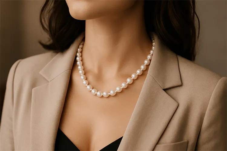 Stylish pearl necklace adding elegance to an outfit. Stylish pearl necklace adding elegance to an outfit.