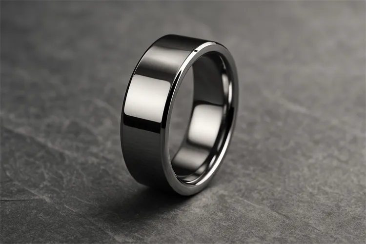 Polished tungsten wedding ring on a gray stone surface Polished tungsten wedding ring on a gray stone surface