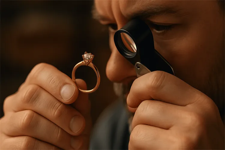 Jeweler inspecting a resized ring for quality. Jeweler inspecting a resized ring for quality.