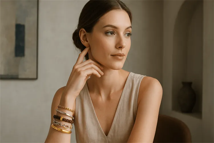 Layered bracelets combining different metals and materials for a unique look Layered bracelets combining different metals and materials for a unique look