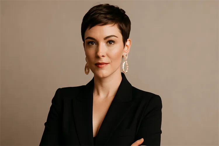 Woman with short hair and elegant earrings Woman with short hair and elegant earrings