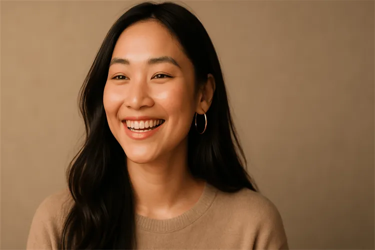 Asian woman with long hair and hoop earrings Asian woman with long hair and hoop earrings