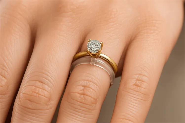 Close-up of a hand with a ring guard adjusting a loose ring Close-up of a hand with a ring guard adjusting a loose ring