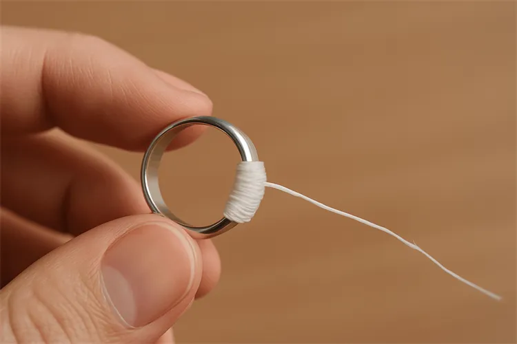 DIY method using dental floss to resize a ring. DIY method using dental floss to resize a ring.