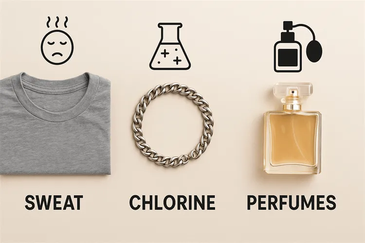 Common sources of discoloration for stainless steel jewelry: sweat, chlorine, and more. Common sources of discoloration for stainless steel jewelry: sweat, chlorine, and more.