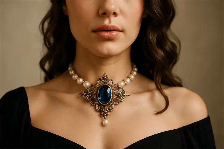 Fashionable choker necklace with gemstones and pearls Fashionable choker necklace with gemstones and pearls