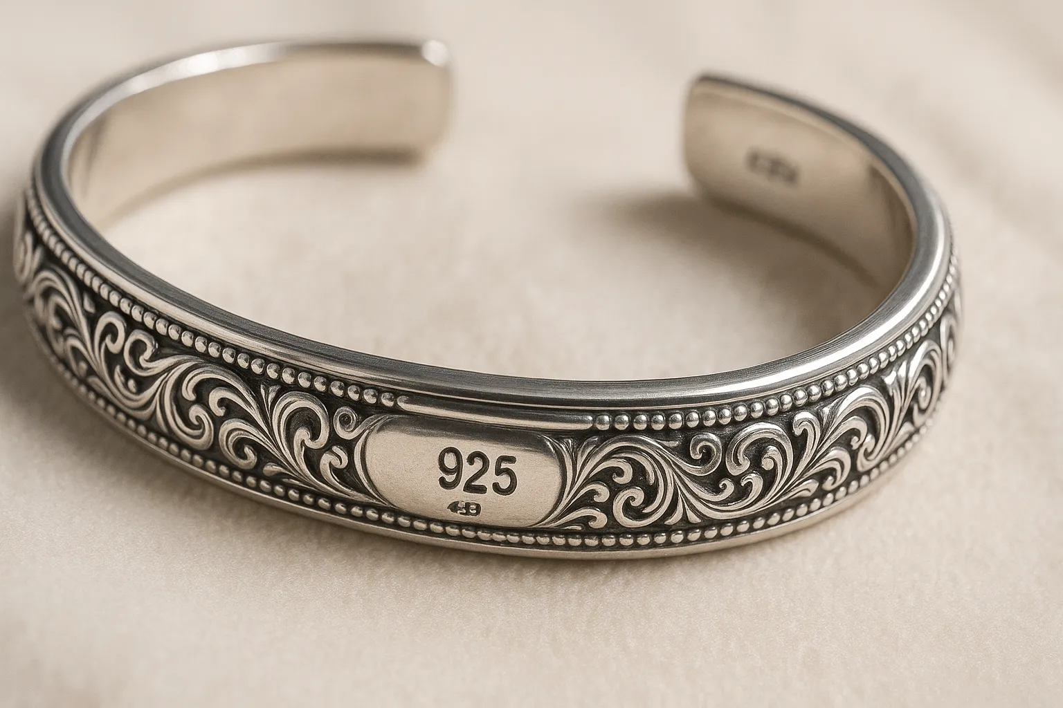 Silver bracelet with hallmark marks and intricate design.