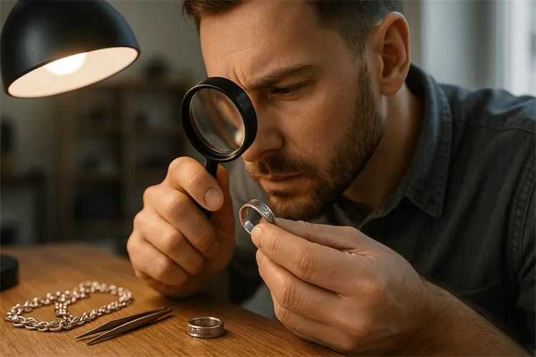 Jeweler inspecting silver jewelry for authenticity marks. Jeweler inspecting silver jewelry for authenticity marks.