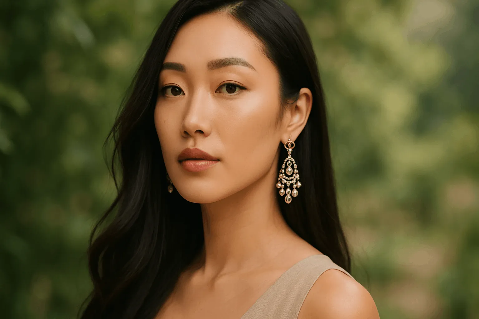 Beautiful woman with long hair and chandelier earrings