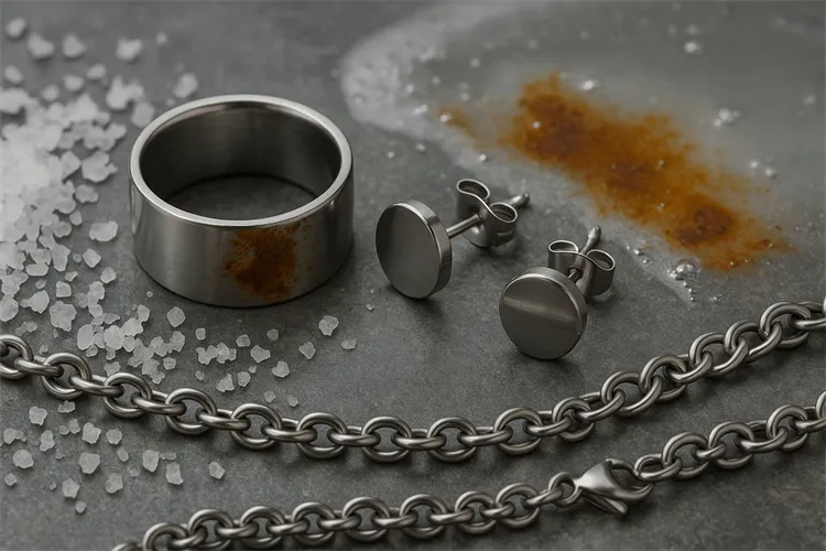 Stainless steel jewelry exposed to harsh conditions like saltwater and chemicals Stainless steel jewelry exposed to harsh conditions like saltwater and chemicals