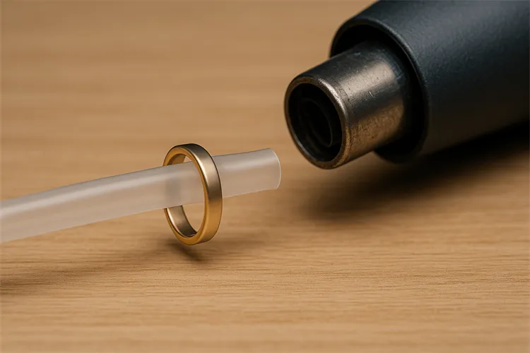 Heat shrink tubing being applied to a ring for resizing. Heat shrink tubing being applied to a ring for resizing.