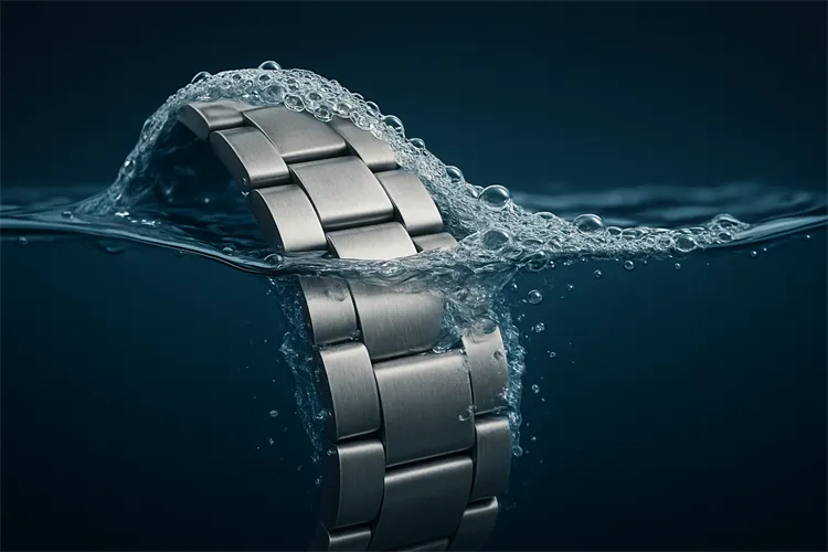 Stainless steel bracelet submerged in water with protective layer Stainless steel bracelet submerged in water with protective layer