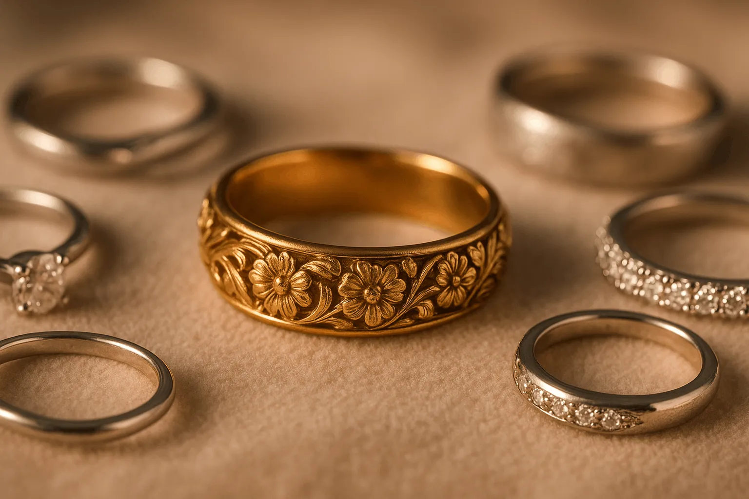 Elegant gold floral ring displayed with other luxury jewelry
