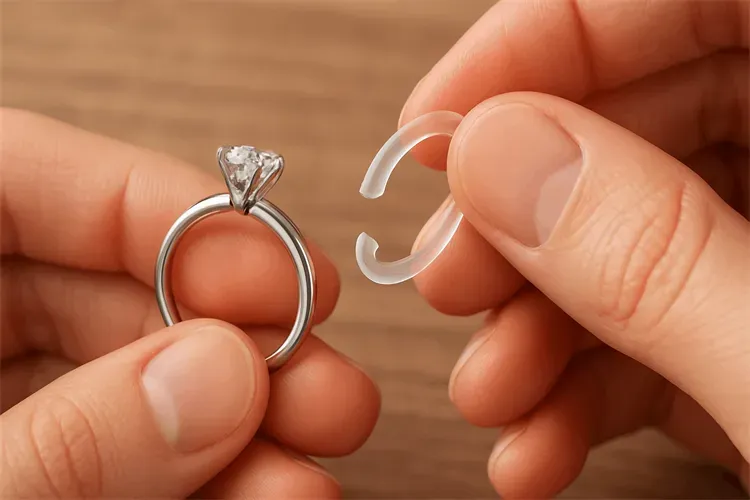 Silicone ring guard being inserted into a ring. Silicone ring guard being inserted into a ring.