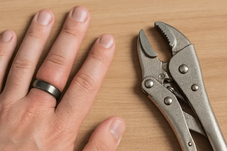 Swollen finger with tungsten ring and vice grips for emergency removal. Swollen finger with tungsten ring and vice grips for emergency removal.