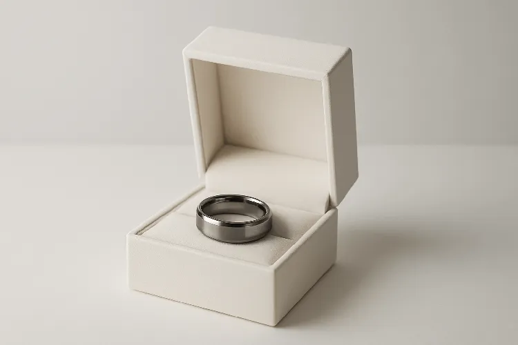 Tungsten wedding ring in elegant box under soft light Tungsten wedding ring in elegant box under soft light