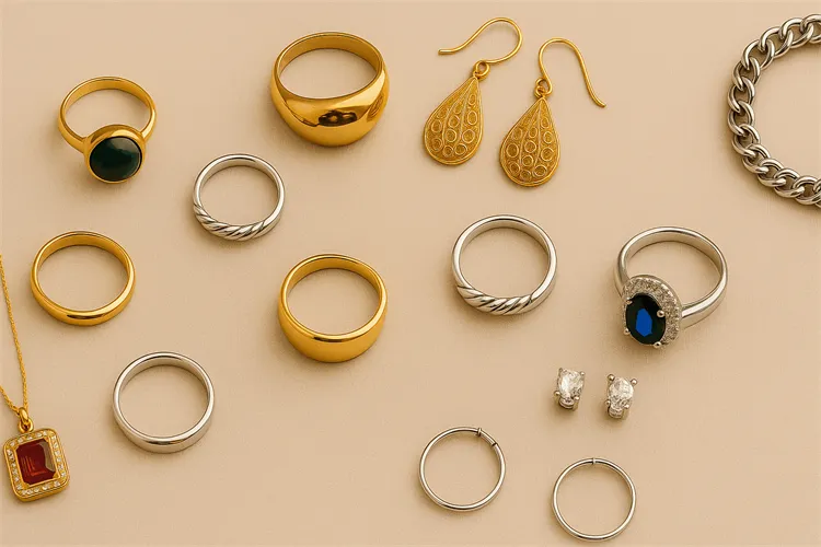 Assorted gold and silver jewelry pieces with gemstones on display. Assorted gold and silver jewelry pieces with gemstones on display.