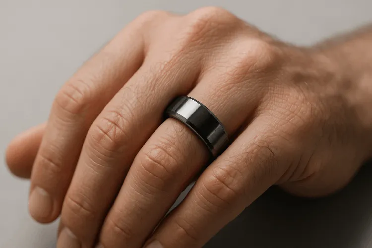 Close-up shot of a tungsten ring on finger, emphasizing durability. Close-up shot of a tungsten ring on finger, emphasizing durability.