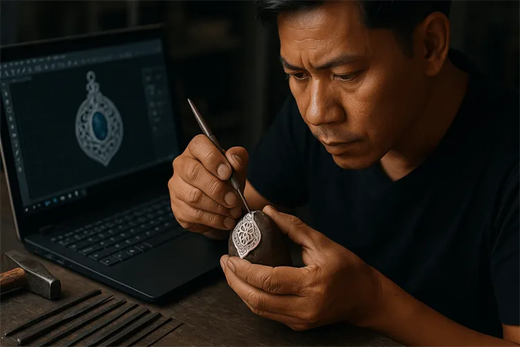 Artisan combining traditional jewelry crafting with modern CAD design technology Artisan combining traditional jewelry crafting with modern CAD design technology