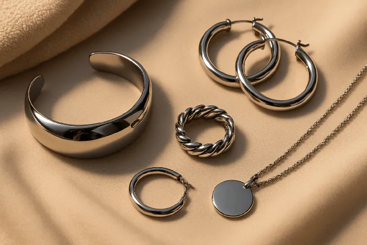 Polished stainless steel jewelry after cleaning. Polished stainless steel jewelry after cleaning.