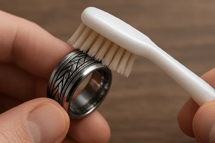 Gently scrubbing tungsten ring with a toothbrush. Gently scrubbing tungsten ring with a toothbrush.